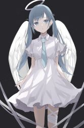 Rule 34 | 1girl, anataa, angel wings, aqua eyes, aqua hair, black background, blue necktie, collared dress, commentary request, cowboy shot, dress, grey background, halo, hatsune miku, highres, low twintails, necktie, solo, standing, twintails, vocaloid, white dress, white wings, wings