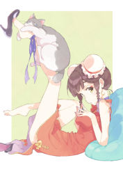 Rule 34 | 1girl, :o, animal, animal on leg, ankle ribbon, bare arms, bare legs, bare shoulders, barefoot, bean bag chair, black footwear, blue ribbon, blunt bangs, border, bow, braid, breasts, brown hair, bun cover, cat, chestnut mouth, china dress, chinese clothes, comitia, crescent, crescent earrings, double bun, dress, dress bow, earrings, elbow rest, eyelashes, eyeliner, fingers together, frills, from side, full body, green background, hair bun, hands up, high heels, jewelry, knee up, leg ribbon, leg up, legs, looking at viewer, looking to the side, lying, makeup, on back, original, outside border, own hands together, pale color, parted lips, pelvic curtain, pumps, purple ribbon, red dress, red eyeliner, ribbon, shoe dangle, shoe soles, shoes, side braid, side slit, sidelocks, sideways glance, simple background, single shoe, sleeveless, sleeveless dress, small breasts, solo, steepled fingers, t-okada, tareme, toes, twin braids, unworn shoe, unworn shoes, white border, yellow bow, yellow eyes