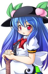 Rule 34 | 1girl, bad id, bad pixiv id, blue hair, blush, bow, female focus, food, fruit, hat, hinanawi tenshi, leaf, long hair, looking at viewer, open mouth, peach, red eyes, shinjitsu, short sleeves, simple background, solo, touhou, very long hair