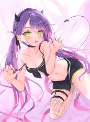 Rule 34 | 1girl, asymmetrical legwear, black choker, black hairband, black shorts, breasts, choker, cleavage, collarbone, demon tail, fang, fishnet legwear, fishnets, floating hair, green eyes, green nails, hair between eyes, hairband, highres, hololive, horns, kneeling, long hair, looking at viewer, midriff, multicolored hair, multicolored nails, nail polish, navel, nerusu, off shoulder, open mouth, pink hair, pink nails, purple hair, short shorts, shorts, skin fang, small breasts, solo, stomach, tail, tokoyami towa, twintails, two-tone hair, very long hair, virtual youtuber