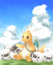 Rule 34 | bag, claws, closed mouth, cloud, commentary request, creatures (company), day, dragonite, game freak, gen 1 pokemon, gen 8 pokemon, grass, hat, clothed pokemon, highres, nintendo, no humans, outdoors, pokemon, pokemon (creature), sasabunecafe, shoulder bag, sitting, sky, smile, wooloo