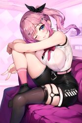 Rule 34 | 1girl, ;d, absurdres, arm on knee, belt, bike shorts, black footwear, black ribbon, black thighhighs, blue eyes, bow, bowtie, breast press, breasts, couch, gradient hair, hair ornament, hair ribbon, hairclip, highres, indoors, knees to chest, kuramochi meruto, kuramochi meruto (1st costume), large breasts, long hair, looking at viewer, multicolored hair, nijisanji, on couch, one eye closed, open mouth, paid reward available, pink belt, pink hair, pink socks, red bow, red bowtie, ribbon, shirt, shirt tucked in, side ponytail, sidelocks, single thighhigh, sitting, skindentation, sleeveless, sleeveless shirt, smile, socks, solo, sugiki, thigh strap, thighhighs, v, virtual youtuber, white shirt