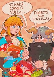 Rule 34 | 2boys, artist name, beard, black hair, blonde hair, blue eyes, blue tunic, blush, bright pupils, brown gloves, commentary, cooking, crossover, dungeon meshi, earrings, egg (food), facial hair, fake horns, fingerless gloves, food, gloves, helmet, highres, holding, holding ladle, horned helmet, horns, jewelry, ladle, link, looking at another, meat, multiple boys, nintendo, open mouth, paula knight, pointing, pointy ears, senshi (dungeon meshi), soup ladle, spanish commentary, spanish text, speech bubble, teeth, tentacles, the legend of zelda, the legend of zelda: breath of the wild, translated, upper teeth only, white pupils