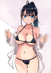 Rule 34 | 1girl, bikini, black hair, blue eyes, breasts, collarbone, commentary request, gluteal fold, hair ribbon, highres, large breasts, long hair, long sleeves, looking at viewer, original, ponytail, ribbon, rucchiifu, shirt, sketch, solo, standing, string bikini, swimsuit, thigh gap, white shirt
