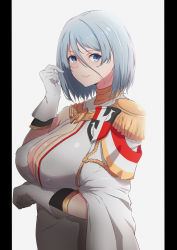 Rule 34 | 1girl, absurdres, ameneshi, arm under breasts, azur lane, bad id, bad pixiv id, blue eyes, breasts, cleavage, closed mouth, commentary request, epaulettes, from side, gloves, hair between eyes, highres, large breasts, looking at viewer, military, military uniform, short hair, side cape, silver hair, smile, tirpitz (azur lane), tirpitz (iron blood snowstorm) (azur lane), uniform, white gloves