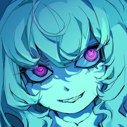 Rule 34 | 1girl, @ @, blue background, blue hair, blue skin, colored skin, commentary, cyany, english commentary, glowing, glowing eyes, grin, highres, long hair, looking at viewer, original, pink eyes, portrait, purple eyes, sharp teeth, smile, solo, teeth, thick eyelashes