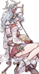 Rule 34 | 10s, 1girl, ankle boots, ass, belt, blue hair, boots, granblue fantasy, high heel boots, high heels, highres, long hair, looking back, rojiko, shoe soles, sitting, sketch, solo, sophia (granblue fantasy), staff, twintails