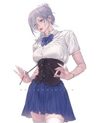 Rule 34 | 1girl, blue dress, blue eyes, blue ribbon, breasts, collared shirt, corset, dress, fingernails, folded ponytail, genderswap, genderswap (mtf), grey hair, hair between eyes, heterochromia, highres, jujutsu kaisen, long hair, looking at viewer, mahito (jujutsu kaisen), medium breasts, ribbon, sharp fingernails, shirt, short sleeves, solo, stitched arm, stitched face, stitches, thighhighs, wengwengchim, white shirt