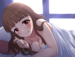 Rule 34 | 0208ramune, 1girl, bed sheet, blush, breasts, brown hair, cleavage, collarbone, commentary request, grin, highres, idolmaster, idolmaster cinderella girls, kamiya nao, long hair, looking at viewer, lying, medium breasts, naked sheet, nude, on bed, on side, pillow, pov across bed, red eyes, smile, solo, under covers, window