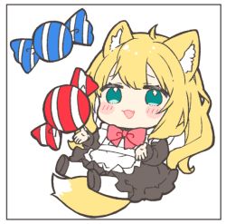 Rule 34 | 1girl, ahoge, animal ear fluff, animal ears, apron, black dress, black footwear, blonde hair, blush stickers, bow, candy, chibi, colored inner hair, dress, fangs, food, fox ears, fox girl, fox tail, fuwafuwa-chan (kamiyoshi rika), kamiyoshi rika, long hair, maid, maid apron, multicolored hair, open hands, open mouth, original, red bow, simple background, sitting, smile, solo, tail, thighhighs, white background, white thighhighs
