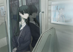 Rule 34 | 1girl, absurdres, aqua eyes, aqua hair, bare shoulders, black eyes, black hair, black necktie, black sleeves, black sweater, commentary, detached sleeves, different reflection, earbuds, earphones, expressionless, grey shirt, hand grip, hatsune miku, highres, holding, holding phone, leaning back, limi li3, long hair, looking to the side, necktie, phone, poster (object), reflection, shirt, sleeveless, sleeveless shirt, smile, standing, sweater, train interior, twintails, upper body, vocaloid, white shirt