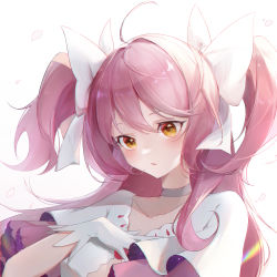 Rule 34 | 1girl, absurdres, backlighting, choker, chromatic aberration, close-up, clothing cutout, collarbone, dot nose, expressionless, eyelashes, gloves, hair between eyes, hair over shoulder, hair ribbon, hand on own chest, hand up, highres, kaname madoka, layered sleeves, lens flare, light blush, limited palette, long hair, looking afar, mahou shoujo madoka magica, mahou shoujo madoka magica (anime), parted lips, petals, pink hair, ribbon, sanqianqianqianqian w, shade, simple background, solo, two side up, ultimate madoka, upper body, very long hair, white background, white choker, white gloves, white ribbon, wide sleeves, yellow eyes