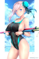 Rule 34 | 1girl, asymmetrical hair, bare shoulders, black one-piece swimsuit, black ribbon, blue eyes, blue one-piece swimsuit, blue sky, blush, breasts, bun cover, cleavage, closed mouth, clothes pull, collarbone, competition swimsuit, covered navel, cowboy shot, day, fate/grand order, fate (series), from side, hair bun, hair ribbon, highleg, highleg swimsuit, large breasts, long hair, looking at viewer, miyamoto musashi (fate), miyamoto musashi (fate/grand order), miyamoto musashi (swimsuit berserker) (fate), miyamoto musashi (swimsuit berserker) (first ascension) (fate), ocean, one-piece swimsuit, one-piece swimsuit pull, outdoors, outside border, pink hair, rei kun, ribbon, sideboob, single side bun, sky, smile, solo, sparkle, standing, swept bangs, swimsuit, thighs, toy sword, two-tone swimsuit, wristband