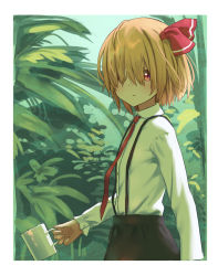 Rule 34 | 1girl, black skirt, blonde hair, blush, border, commentary, cowboy shot, cup, english commentary, hair over eyes, hair ribbon, highres, holding, holding cup, long sleeves, looking at viewer, mug, necktie, plant, red eyes, red necktie, red ribbon, ribbon, roke (taikodon), rumia, shirt, short hair, skirt, solo, standing, suspender skirt, suspenders, touhou, white border, white shirt