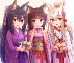Rule 34 | 3girls, :d, animal ear fluff, animal ears, bag, black hair, blue eyes, blush, box, brown background, brown eyes, brown hair, cat ears, closed mouth, commentary request, fang, floral print, flower, folded ponytail, fox ears, fox girl, fox tail, gift, gift bag, gift box, gradient background, hair between eyes, hair flower, hair ornament, hakama, hakama skirt, hands up, heart-shaped box, highres, holding, holding bag, holding gift, iroha (iroha matsurika), japanese clothes, kimono, long hair, long sleeves, looking at viewer, miko, multiple girls, open mouth, original, pink flower, pink kimono, print kimono, purple hakama, purple kimono, red hakama, skirt, smile, tail, tail raised, very long hair, white background, white hair, white kimono, wide sleeves