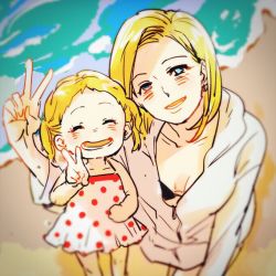 Rule 34 | 2girls, android 18, beach, blonde hair, blue eyes, closed eyes, dragon ball, dragonball z, dress, fukuko fuku, looking at viewer, marron (dragon ball), mother and daughter, multiple girls, ocean, open mouth, sand, short hair, twintails, v, wet, wet hair