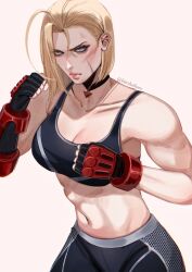 Rule 34 | 1girl, bare shoulders, blonde hair, blue eyes, breasts, cammy white, cleavage, crop top, fighting stance, fingerless gloves, gloves, highres, kitty keihara, large breasts, lips, pants, scar, scar on face, short hair, sleeveless, street fighter, street fighter 6, white background