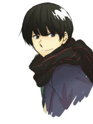 Rule 34 | 10s, 1boy, black hair, kyoukai no kanata, male focus, nase hiroomi, scarf, smile, solo, white background