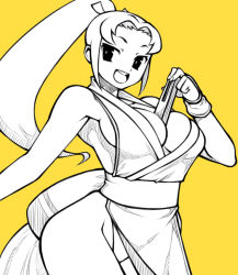 Rule 34 | 1girl, 1zu3, :d, bad id, bad pixiv id, between breasts, breasts, long hair, monochrome, open mouth, parted bangs, pelvic curtain, ponytail, revealing clothes, shiranui mai, simple background, smile, solo, the king of fighters, wide hips, yellow background