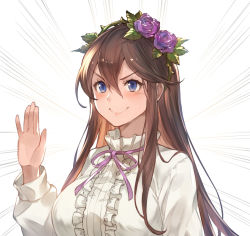 Rule 34 | 1girl, blush, breasts, brown hair, closed mouth, collar, collared shirt, commentary request, flower, granblue fantasy, hair between eyes, hair flower, hair ornament, hand up, kakage, lips, long hair, long sleeves, looking at viewer, neck ribbon, pink ribbon, purple flower, purple rose, ribbon, rose, rosetta (granblue fantasy), shirt, sidelocks, simple background, smile, solo, thighhighs, upper body, very long hair, white background, white shirt