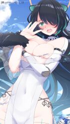 Rule 34 | 1girl, 3 4 700, @ @, accidental exposure, animal ears, black choker, blue hair, blue sky, body markings, breasts, choker, covered navel, cowboy shot, dress, erina makina, fishnet gloves, fishnets, gloves, green eyes, grey hair, halo, highres, large breasts, long hair, looking at viewer, mechanical arms, multicolored hair, nipples, pelvic curtain, phase connect, side slit, single mechanical arm, sky, solo, streaked hair, tail, thigh strap, tiger ears, tiger girl, tiger tail, very long hair, virtual youtuber, wardrobe malfunction, water, white dress