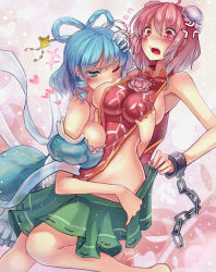 Rule 34 | 2girls, anger vein, artist name, assisted exposure, bare legs, bare shoulders, blue eyes, blue hair, blush, breast press, breasts, chain, chinese clothes, cleavage, clothes pull, cuffs, double bun, drill hair, female focus, grabbing, grabbing another&#039;s breast, hair bun, hair ornament, hair rings, hair stick, hand on another&#039;s head, heart, ibaraki kasen, kaku seiga, large breasts, multiple girls, no bra, no panties, one eye closed, pink eyes, pink hair, shackles, shawl, short hair, side slit, sideboob, single hair bun, skirt, skirt pull, touhou, walzrj, wink, yuri