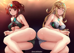 Rule 34 | 2girls, ahoge, ass, bare shoulders, bikini, blonde hair, blush, breasts, cameltoe, circlet, cleavage, excaliblader, highres, large breasts, long hair, looking at viewer, multiple girls, mythra (radiant beach) (xenoblade), mythra (xenoblade), pyra (pro swimmer) (xenoblade), pyra (xenoblade), red eyes, red hair, shiny clothes, shiny skin, short hair, smile, swimsuit, underboob, xenoblade chronicles (series), xenoblade chronicles 2, yellow eyes