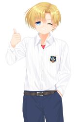 Rule 34 | 1boy, absurdres, blonde hair, blue eyes, blue pants, clannad, collared shirt, commentary request, cowboy shot, eyes visible through hair, grin, hair between eyes, hand in pocket, hand up, highres, hikarizaka private high school uniform, long sleeves, looking at viewer, otou (otou san), pants, school uniform, shirt, short hair, smile, solo, standing, sunohara youhei, thumbs up, v-shaped eyebrows, white shirt