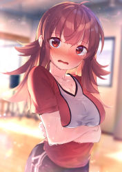 Rule 34 | 1girl, absurdres, ahoge, blurry, blurry background, blush, breasts, cleavage, commentary request, cowboy shot, goshichi shoji, highres, idolmaster, idolmaster shiny colors, indoors, komiya kaho, large breasts, long hair, looking at viewer, red eyes, red hair, shirt, short sleeves, solo, sweat, t-shirt, v-neck