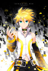 Rule 34 | 1boy, bad id, bad pixiv id, bare shoulders, bass clef, blonde hair, blue eyes, choker, detached sleeves, headphones, kagamine len, kagamine len (append), looking at viewer, male focus, nardack, navel, outstretched arm, petals, popped collar, short hair, sleeveless, solo, vocaloid, vocaloid append
