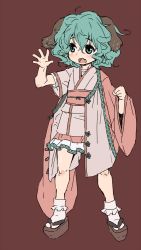Rule 34 | 1girl, animal ears, bad id, bad pixiv id, blush, green eyes, green hair, harukaze unipo, kasodani kyouko, matching hair/eyes, open mouth, outstretched hand, red background, short hair, simple background, smile, solo, touhou