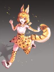 Rule 34 | 1girl, absurdres, animal ears, blush, bow, bowtie, breasts, brown eyes, elbow gloves, full body, gloves, highres, kemono friends, looking at viewer, medium breasts, mirage (rairudiseu), open mouth, orange hair, over-kneehighs, serval (kemono friends), serval tail, short hair, skirt, smile, tail, thighhighs, traditional bowtie