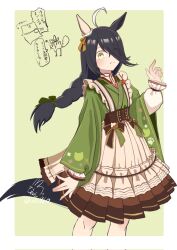 Rule 34 | 1girl, ahoge, animal, animal ears, black corset, black hair, blush, border, cat, closed mouth, commentary request, corset, dress, ear ornament, frilled dress, frilled skirt, frills, green background, hair between eyes, hair over one eye, heart, highres, horse ears, horse girl, long bangs, long hair, long sleeves, looking at viewer, low-tied long hair, manhattan cafe (umamusume), mochizou, multicolored hair, official alternate costume, official alternate hairstyle, outstretched hand, simple background, skirt, smile, solo, umamusume, white border, white dress, white hair, white skirt, yellow eyes