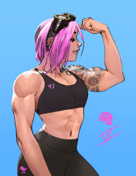 Rule 34 | 1girl, abs, arm tattoo, biceps, black sports bra, blue background, character name, clenched hand, commentary, commission, ear piercing, earrings, english commentary, eyeshadow, flat chest, flexing, goggles, goggles on head, half-closed eyes, jewelry, league of legends, lips, makeup, muscular, muscular female, navel, nose piercing, pants, parted lips, piercing, pink hair, short hair, shoulder tattoo, solo, sports bra, standing, tattoo, upper body, vashperado, vi (league of legends), yoga pants
