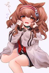 Rule 34 | 1girl, @ @, angelina (arknights), animal ears, arknights, bare legs, black shirt, black shorts, blush, brown hair, chestnut mouth, coat, commentary, embarrassed, feet out of frame, hands in hair, headband, highres, infection monitor (arknights), long hair, long sleeves, looking at viewer, open mouth, orange eyes, red eyes, red headband, red shirt, shirt, shorts, sidelocks, simple background, sitting, solo, takumi mizuki, translation request, twintails, wavy hair, white background, white coat