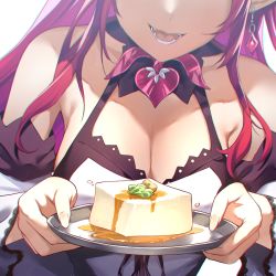 Rule 34 | 1girl, :d, absurdres, bare shoulders, bingsardina, breasts, cleavage, earrings, food, head out of frame, highres, holding, holding tray, hololive, hololive english, irys (hololive), jewelry, long hair, medium breasts, open mouth, pointy ears, pudding, purple hair, red hair, simple background, smile, solo, tofu, tray, virtual youtuber, white background