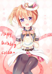 Rule 34 | 1girl, black pantyhose, brown hair, coffee cup, cup, disposable cup, dress, gochuumon wa usagi desu ka?, happy birthday, hat, hoto cocoa, looking at viewer, mini hat, mini top hat, niiya, open mouth, pantyhose, puffy short sleeves, puffy sleeves, purple eyes, short sleeves, side ponytail, sitting, skirt, smile, solo, top hat, white dress, wrist cuffs