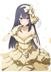 Rule 34 | 1girl, absurdres, bare shoulders, black hair, blush, border, bow, breasts, cleavage, collarbone, cowboy shot, dot nose, dress, falling leaves, finger to own chin, gloves, grin, hair between eyes, hair bow, hairband, highres, idoly pride, jewelry, leaf, long hair, looking at viewer, medium breasts, nagase kotono, necklace, off-shoulder dress, off shoulder, open mouth, pearl necklace, purple eyes, raised eyebrows, rj edward (artist), sidelocks, simple background, skirt hold, smile, solo, straight-on, straight hair, teeth, watermark, wedding dress, white background, white border, yellow bow, yellow dress, yellow gloves, yellow hairband