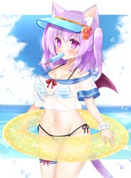Rule 34 | 1girl, animal ears, bikini, bikini under clothes, blue hat, blue sailor collar, blue sky, breasts, cat ears, cat girl, cat tail, cloud, commentary request, day, flower, food, food in mouth, groin, hair flower, hair ornament, hat, highres, horizon, innertube, large breasts, mouth hold, navel, neck ribbon, ocean, off shoulder, orange flower, original, polka dot, popsicle, purple eyes, purple hair, red flower, red ribbon, ribbon, sailor collar, see-through, shikito (yawa0w0), shirt, short sleeves, side-tie bikini bottom, sky, solo, standing, striped bikini, striped clothes, swim ring, swimsuit, tail, transparent, two side up, visor cap, water, white shirt, wrist cuffs
