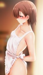 Rule 34 | 1girl, apron, arms behind back, back bow, bare arms, bare shoulders, blurry, blurry background, blush, bow, breasts, brown hair, censored, collarbone, covered erect nipples, cowboy shot, depth of field, frilled apron, frills, from side, ginhaha, hair between eyes, highres, misaka mikoto, mosaic censoring, naked apron, parted lips, profile, pussy, short hair, small breasts, solo, toaru kagaku no railgun, toaru majutsu no index, v-shaped eyebrows, white apron, white bow, yellow eyes