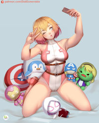 Rule 34 | 1girl, artist name, bare legs, bare shoulders, belt, bird, blonde hair, blue eyes, breasts, captain america, character request, didi esmeralda, full body, gradient hair, grey background, gwenpool, holding, holding phone, iron man, kneeling, large breasts, leotard, marvel, multicolored hair, multicolored leotard, one eye closed, penguin, phone, pink footwear, pink hair, pink leotard, shadow, shoes, short hair, sleeveless, solo, spider-gwen, stuffed toy, v, watermark, web address, white leotard