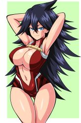 Rule 34 | 10s, 1girl, armpits, arms behind head, arms up, bad id, bad tumblr id, bare arms, black hair, blue eyes, boku no hero academia, breasts, center opening, cleavage, closed mouth, collarbone, cosplay, eyebrows, eyelashes, facing viewer, female focus, gluteal fold, green background, half-closed eyes, happy, highres, large breasts, legs together, leotard, lewdamone, long hair, looking at viewer, mask, midnight (boku no hero academia), mole, mole under eye, naughty face, navel, no bra, seductive smile, shiny skin, simple background, smile, solo, spiked hair, standing, sweat, thigh gap, very long hair, yaoyorozu momo, yaoyorozu momo (cosplay)