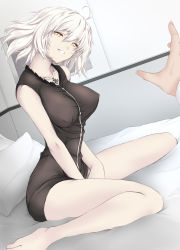 Rule 34 | 1girl, ahoge, bad id, bad pixiv id, bare legs, barefoot, bed, bedroom, black dress, breasts, cleavage, commentary request, dress, dutch angle, fate/grand order, fate (series), harapeko1129, highres, jeanne d&#039;arc (fate), jeanne d&#039;arc alter (avenger) (fate), jeanne d&#039;arc alter (fate), jewelry, necklace, open mouth, out of frame, outstretched hand, short hair, yellow eyes