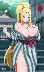 Rule 34 | 1girl, bare shoulders, beatrix amerhauser, blonde hair, blue eyes, blurry, blurry background, breasts, cleavage, collarbone, cowboy shot, day, grin, highres, huge breasts, jadenkaiba, japanese clothes, kimono, long hair, looking at viewer, off shoulder, outdoors, ponytail, smile, solo, standing, yukata, zom 100: zombie ni naru made ni shitai 100 no koto