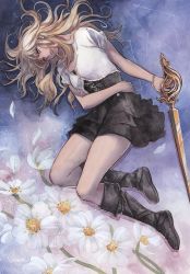 Rule 34 | 1girl, black dress, black footwear, blonde hair, boots, closed mouth, commentary, commission, constellation, dress, english commentary, final fantasy, final fantasy xv, flower, highres, holding, holding sword, holding weapon, jacket, jewelry, layered dress, lips, long hair, looking at viewer, lying, petals, pink lips, purple eyes, sao (saowee), short sleeves, signature, solo, stella nox fleuret, sword, weapon, white flower, white jacket