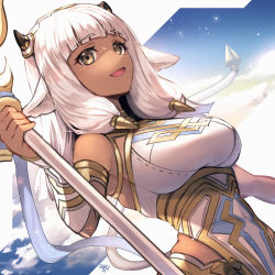 Rule 34 | 1girl, animal ears, ash (fire emblem), bare shoulders, black horns, blunt bangs, blush, breasts, brown eyes, commentary request, cow ears, cow girl, cow horns, cow tail, dark-skinned female, dark skin, detached sleeves, dress, fire emblem, fire emblem heroes, highres, holding, holding staff, holding weapon, horns, large breasts, long hair, looking at viewer, nakabayashi zun, nintendo, open mouth, signature, smile, solo, staff, tail, tongue, upper body, weapon, white dress, white hair, white sleeves