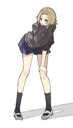 1girl :d black_socks blonde_hair blue_skirt curtained_hair forehead full_body hand_on_own_thigh hand_up highres hori-san_to_miyamura-kun katagiri_senior_high_school_uniform long_legs long_sleeves looking_ahead miniskirt noyane open_mouth pigeon-toed pleated_skirt school_uniform shadow shoes short_hair simple_background skirt sleeves_past_fingers sleeves_past_wrists smile socks solo uwabaki white_background white_footwear yellow_eyes yoshikawa_yuki_(hori-san_to_miyamura-kun)