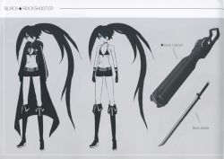 Rule 34 | 10s, arm cannon, black hair, black rock shooter, black rock shooter (character), blue eyes, character sheet, gun, highres, huke, jacket, long hair, scar, sword, twintails, uneven twintails, weapon