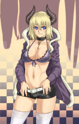 Rule 34 | 1girl, bikini, blonde hair, blue eyes, bra, breasts, checkered clothes, checkered legwear, choker, cleavage, collar, front-tie top, highres, horns, hou takashi ji, houtengeki, jewelry, lace, lace-trimmed legwear, lace trim, large breasts, navel, necklace, original, short shorts, shorts, solo, swimsuit, thighhighs, underwear, white thighhighs