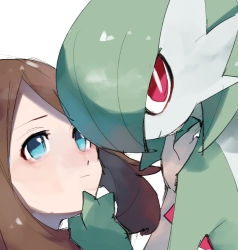 Rule 34 | 2girls, blue eyes, bob cut, brown hair, chikichi, closed mouth, colored skin, creatures (company), female focus, game freak, gardevoir, gen 3 pokemon, green hair, green skin, hair over one eye, hand on another&#039;s chin, hand up, light blush, looking at another, looking to the side, looking up, may (pokemon), medium hair, multicolored skin, multiple girls, nintendo, pokemon, pokemon (creature), pokemon rse, portrait, short hair, sidelocks, simple background, sketch, two-tone skin, upper body, white background, white skin, yuri